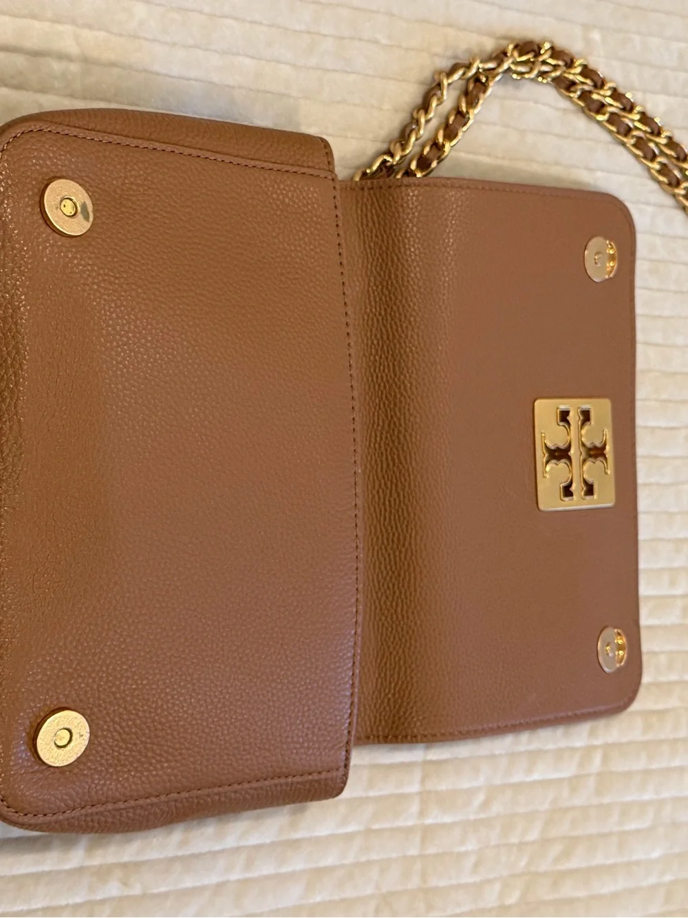 Tory Burch Tan Pebbled Leather Chain Shoulder Bag with Gold Logo